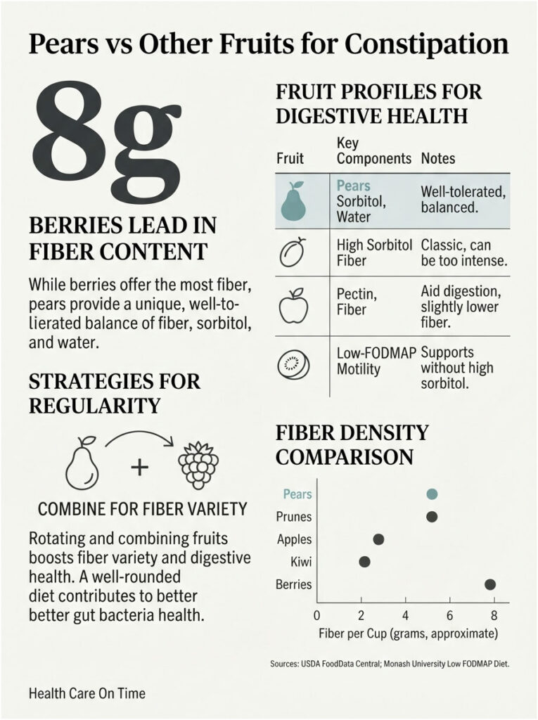 Infographic comparing fiber content in pears and other fruits for digestive health, featuring charts and key data points.