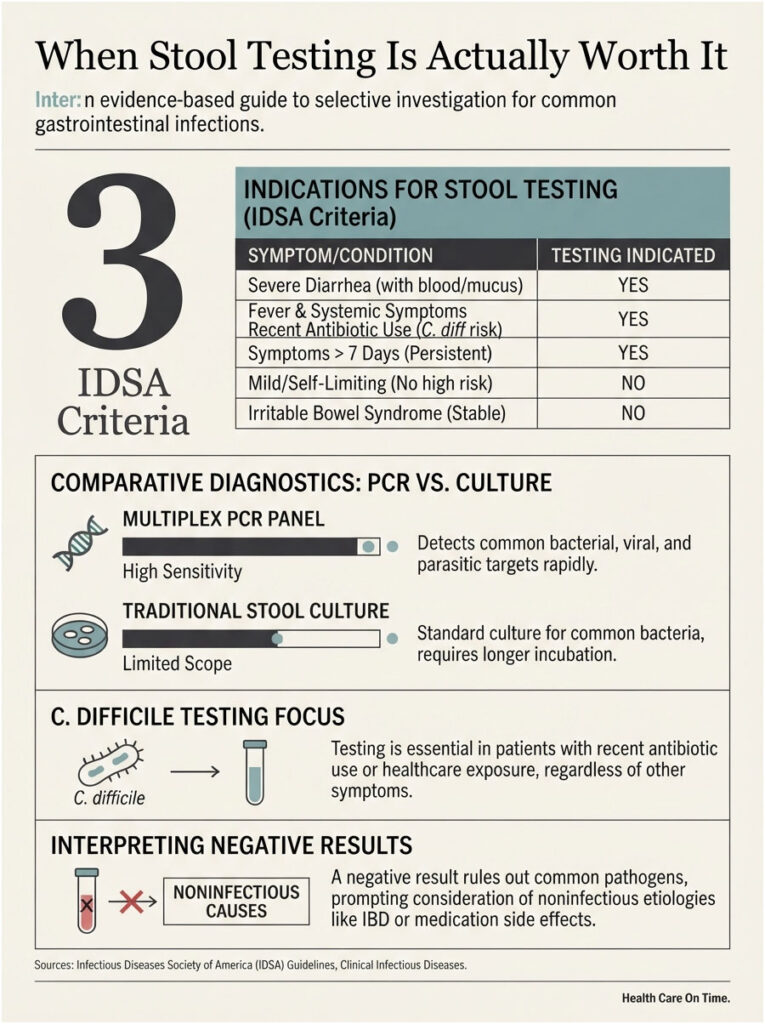Infographic detailing IDSA criteria for stool testing indications, comparative diagnostics, and interpreting negative results.