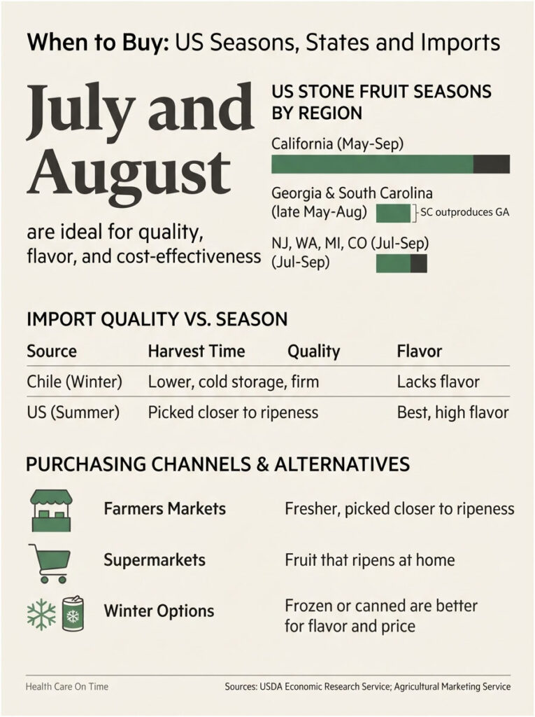 Infographic showing US stone fruit seasons, import quality, and purchasing channels for July and August.