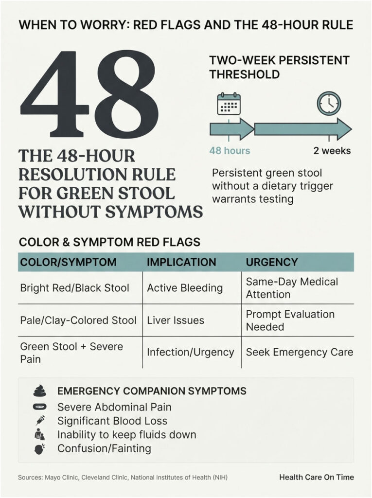 Infographic detailing the 48-hour resolution rule for green stool, including color symptoms and urgency levels.