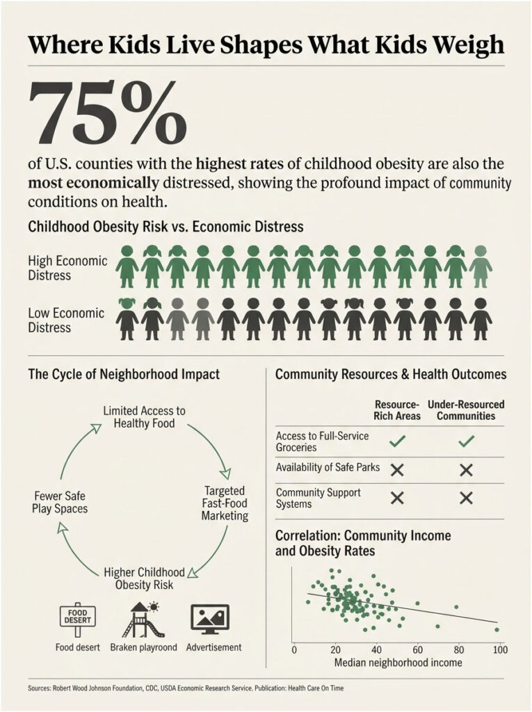 Infographic showing childhood obesity rates linked to economic distress, with charts and icons illustrating community impact.