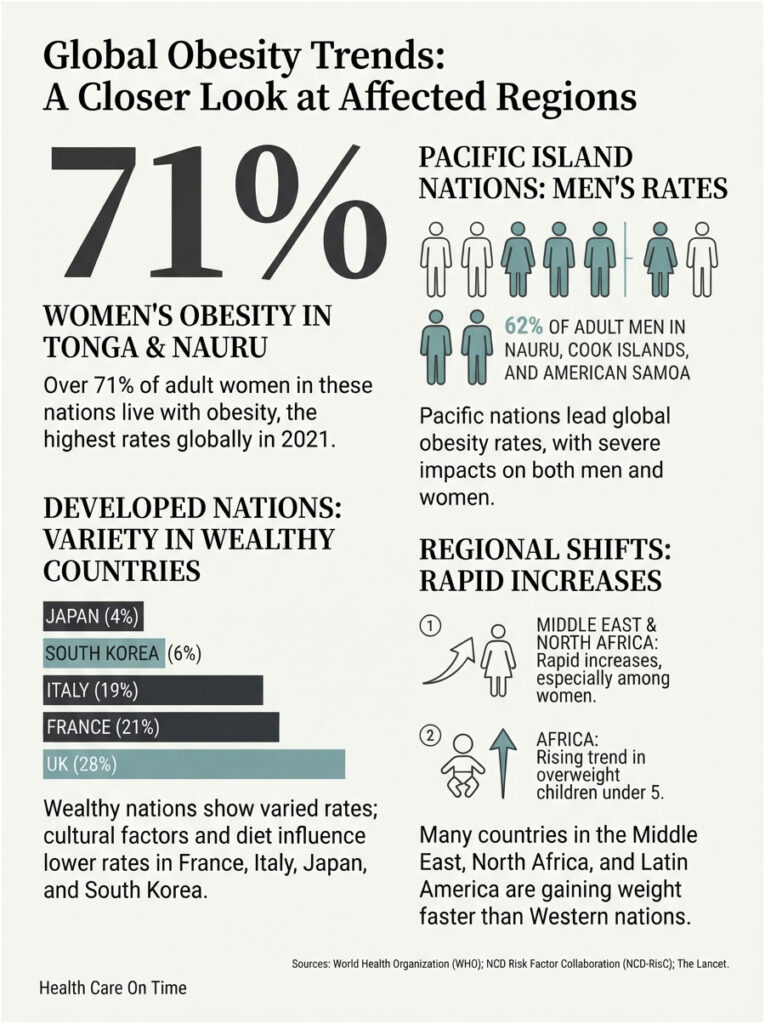 Infographic showing global obesity trends, highlighting statistics for women's obesity in Tonga and Nauru, and men's rates in Pacific nations.