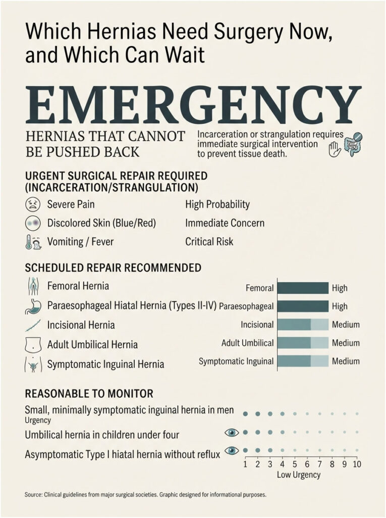 Infographic showing types of hernias needing surgery, urgency levels, and symptoms for each category.