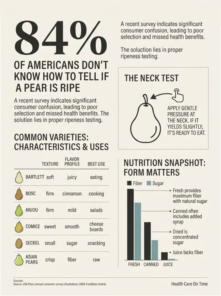 Infographic showing 84% of Americans can't tell if a pear is ripe, featuring the neck test and pear varieties.