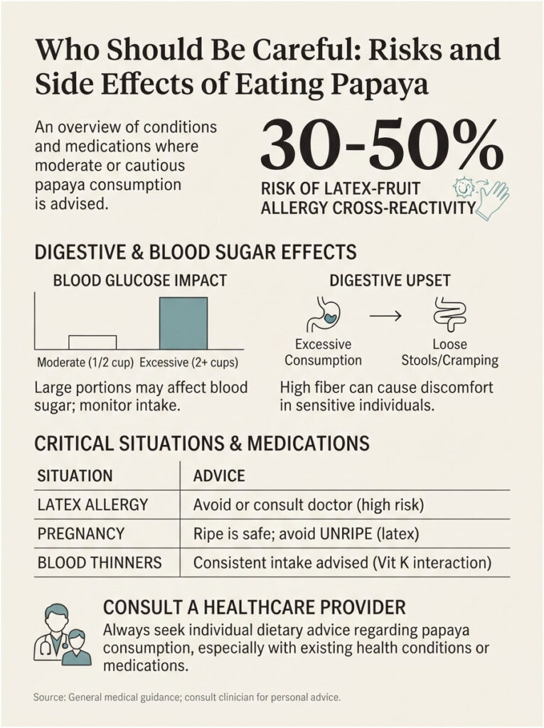 Infographic detailing risks and side effects of eating papaya, including allergy and digestive effects.