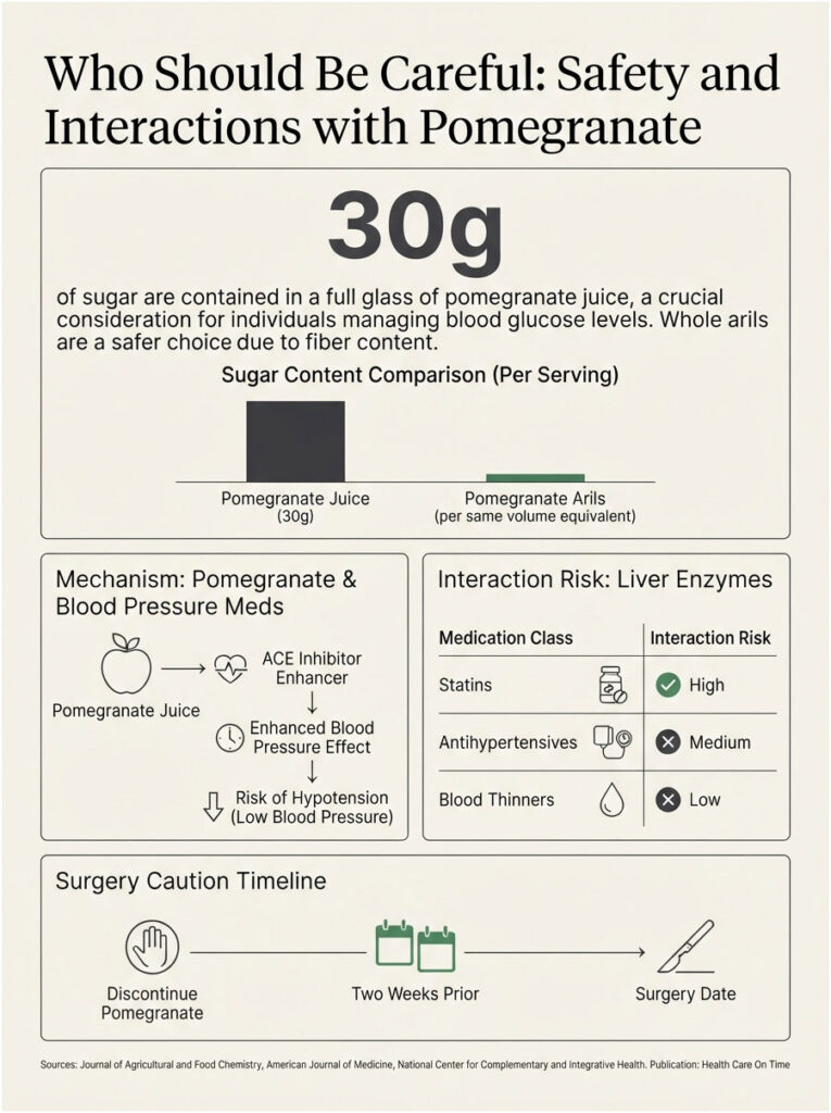 Infographic showing pomegranate juice sugar content, interaction risks, and surgery caution timeline.
