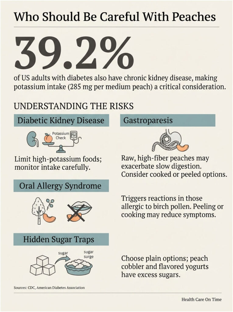 Infographic showing risks of peaches for diabetics, including statistics and health conditions like kidney disease and allergies.