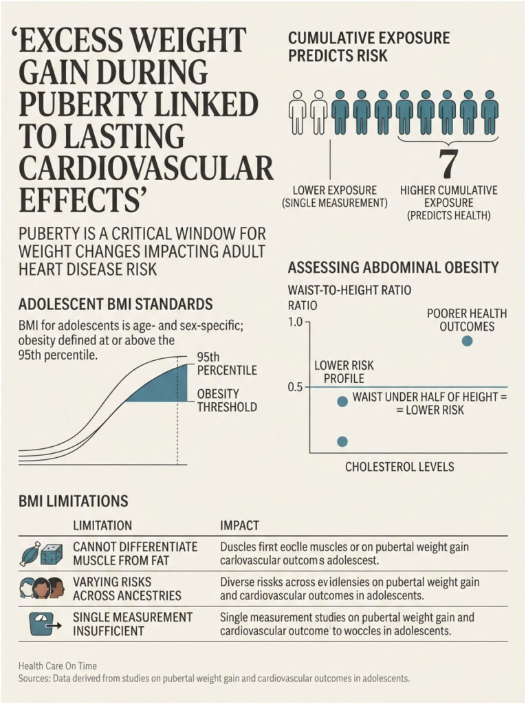 Infographic showing the link between weight gain during puberty and cardiovascular effects, including BMI standards and risks.