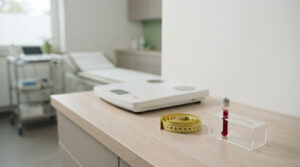 A medical scale, measuring tape, and blood sample in a lab setting with soft lighting.