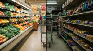A grocery store aisle split between fresh produce and snack foods, with a shopping cart in the center.