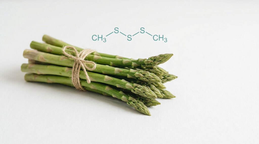 A bundle of fresh asparagus tied with twine on a light background, with chemical structure above.