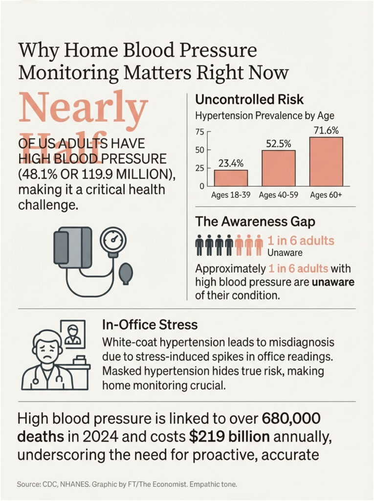Infographic showing high blood pressure statistics, awareness gap, and in-office stress effects on hypertension.