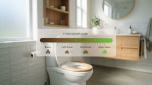 A modern bathroom features a toilet with a wooden seat and a stool color guide displayed above it.