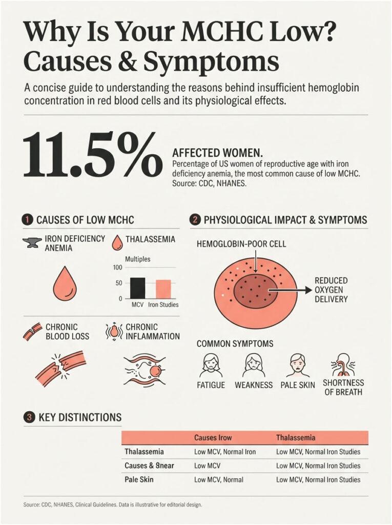 Infographic explaining low MCHC causes, symptoms, and statistics about affected women in the U.S.
