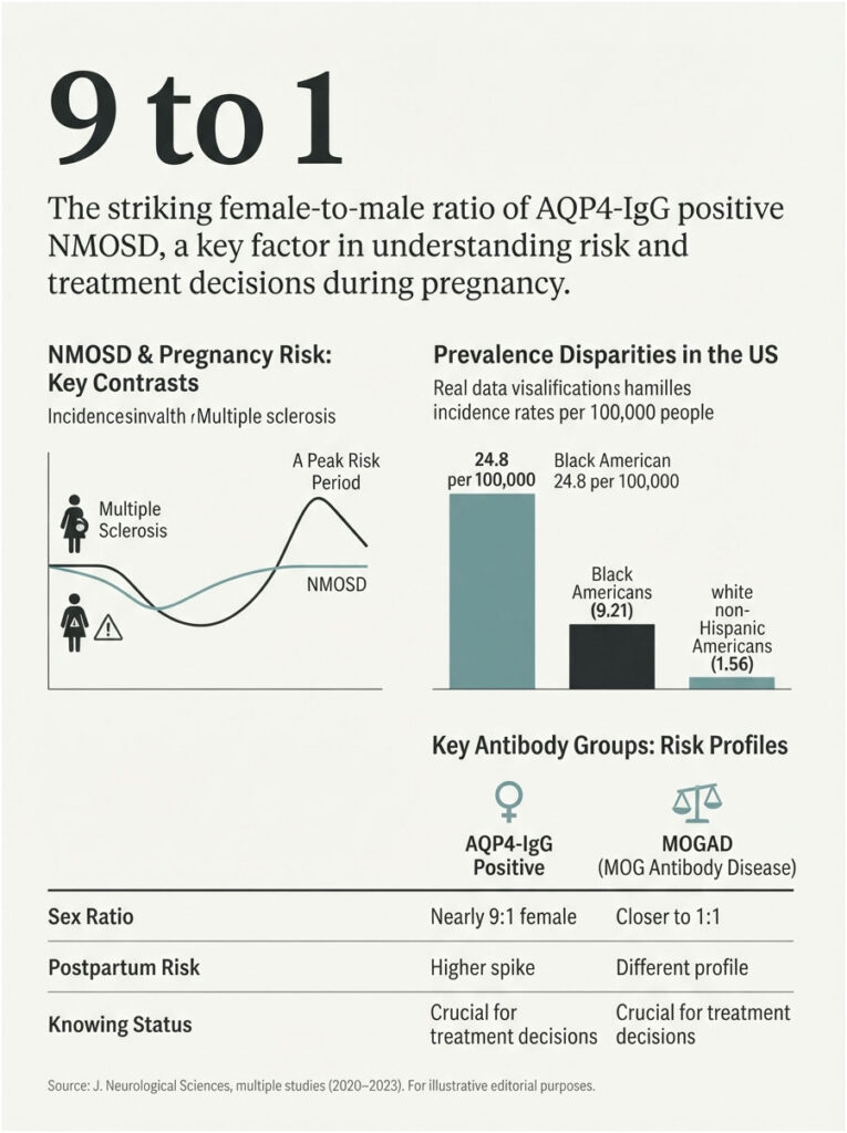Infographic showing female-to-male ratio of AQP4-IgG positive NMOSD, with charts on prevalence and risk factors.
