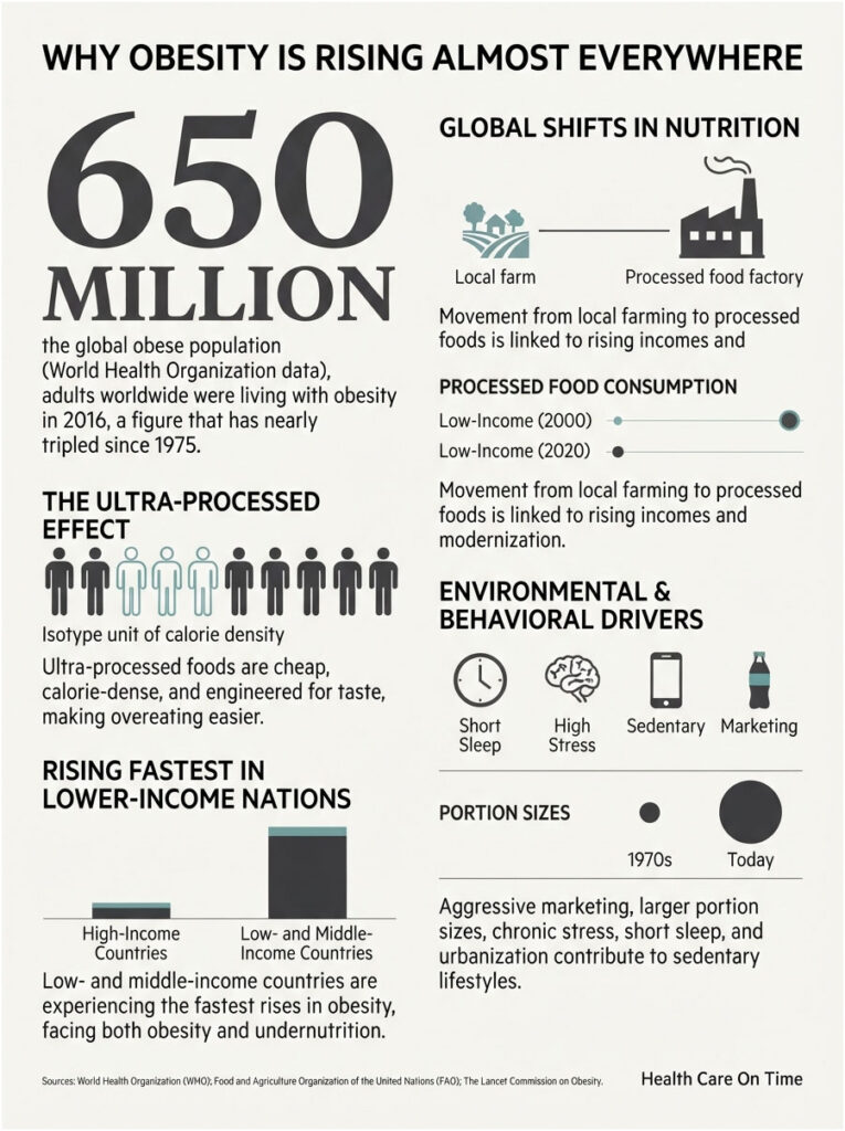 Infographic showing obesity statistics, causes, and trends, including processed food consumption and environmental drivers.