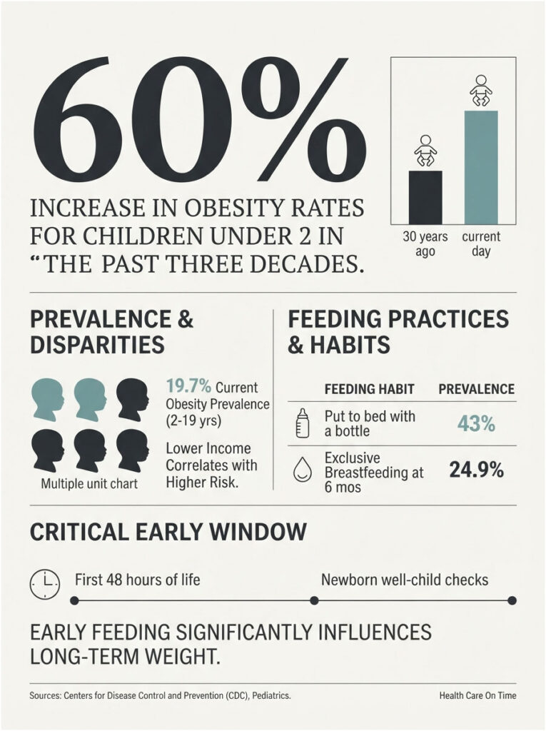 Infographic showing 60% increase in obesity rates for children under 2, with statistics on feeding practices and disparities.