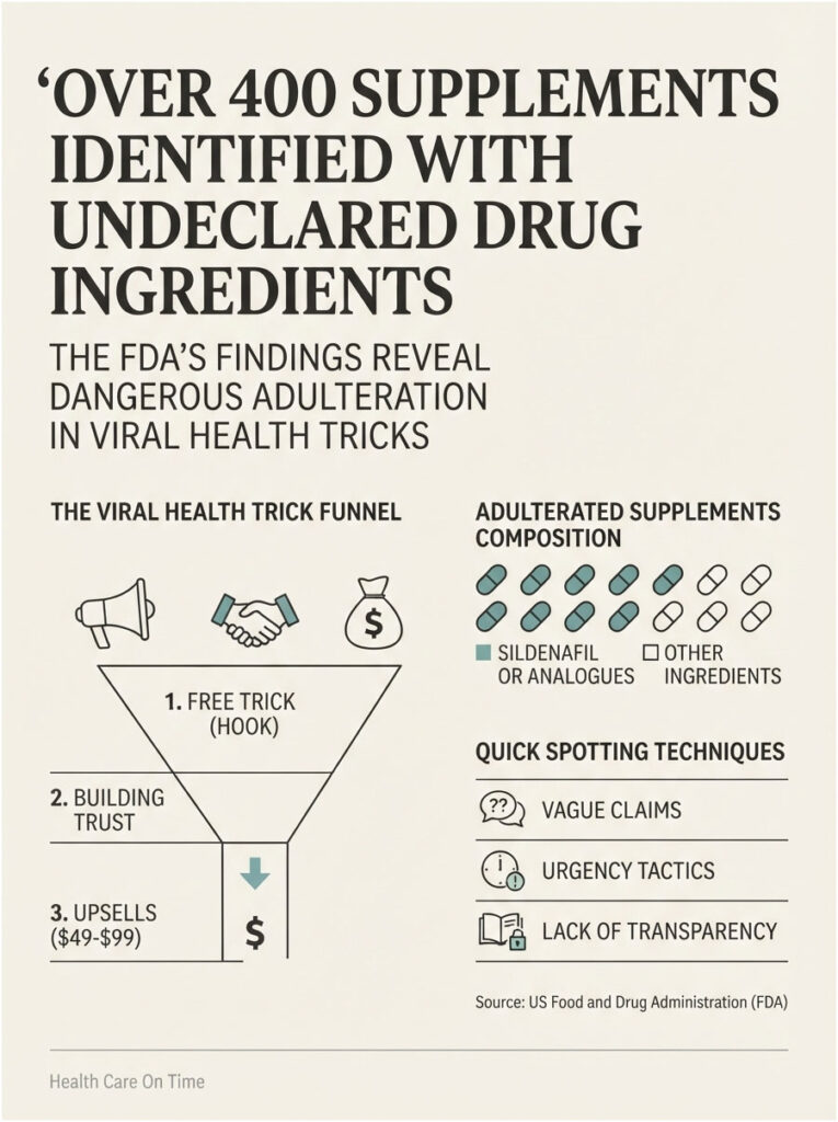 Infographic showing FDA findings on over 400 supplements with undeclared drug ingredients, including a funnel diagram.