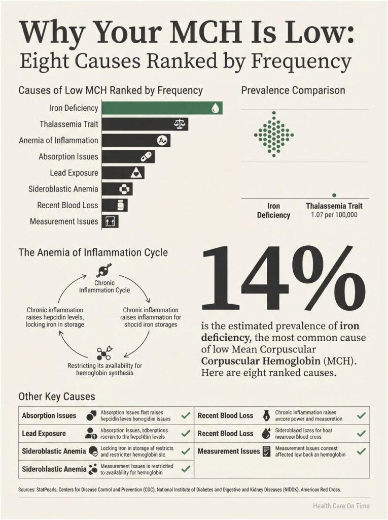 Infographic showing eight causes of low MCH, including charts and prevalence statistics for iron deficiency and thalassemia trait.
