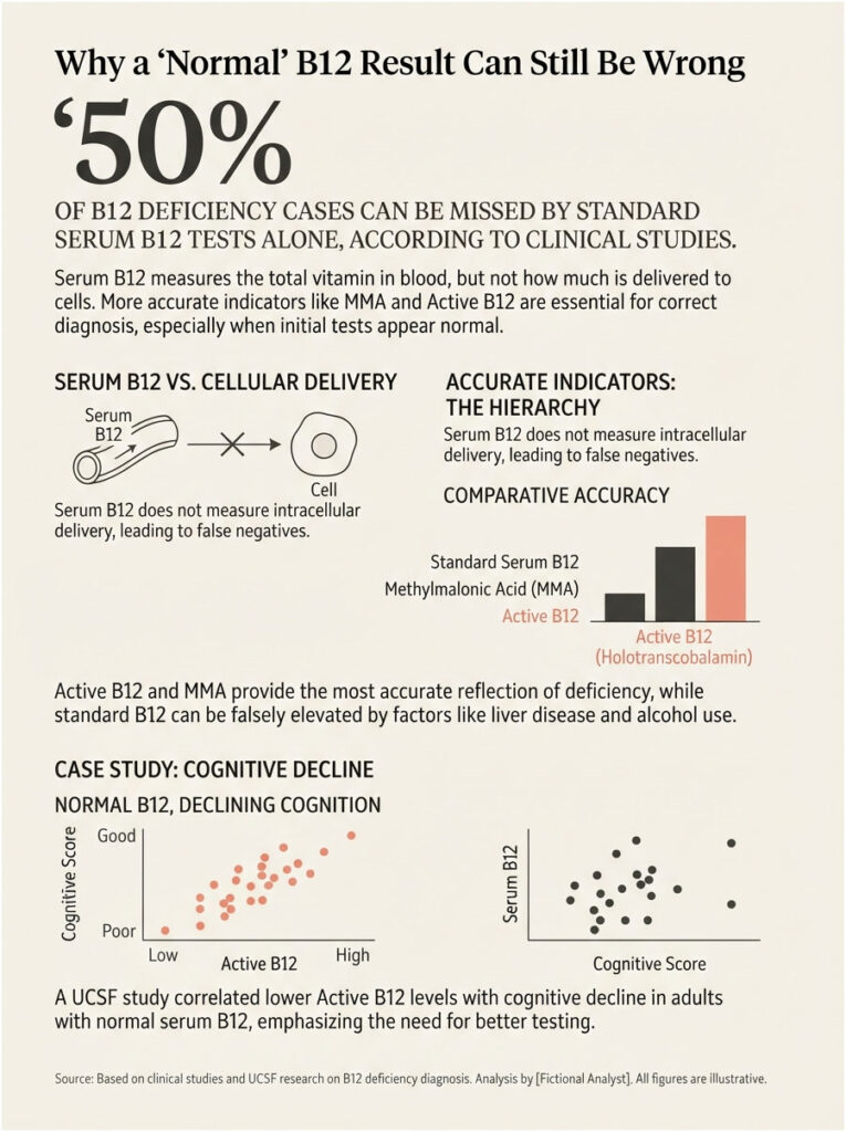Infographic showing B12 deficiency statistics, testing methods, and cognitive decline correlation with graphs and icons.