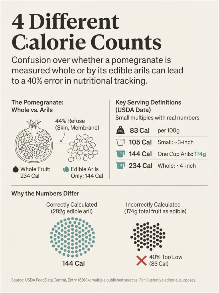 Infographic showing calorie counts for whole pomegranate and edible arils with key serving definitions and calculations.