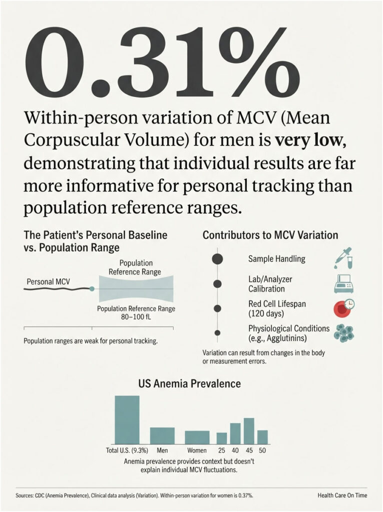 Infographic showing MCV variation for men, personal baseline vs. population range, and US anemia prevalence statistics.