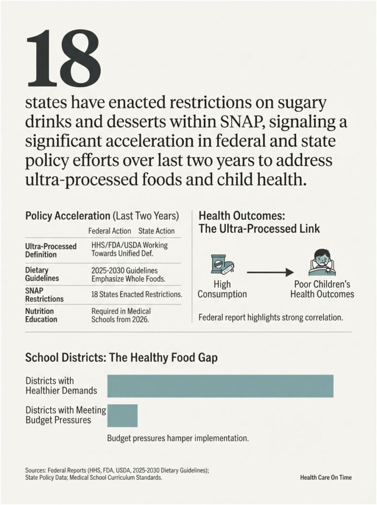 Infographic showing 18 states' restrictions on sugary foods in SNAP, highlighting health impacts and school district challenges.