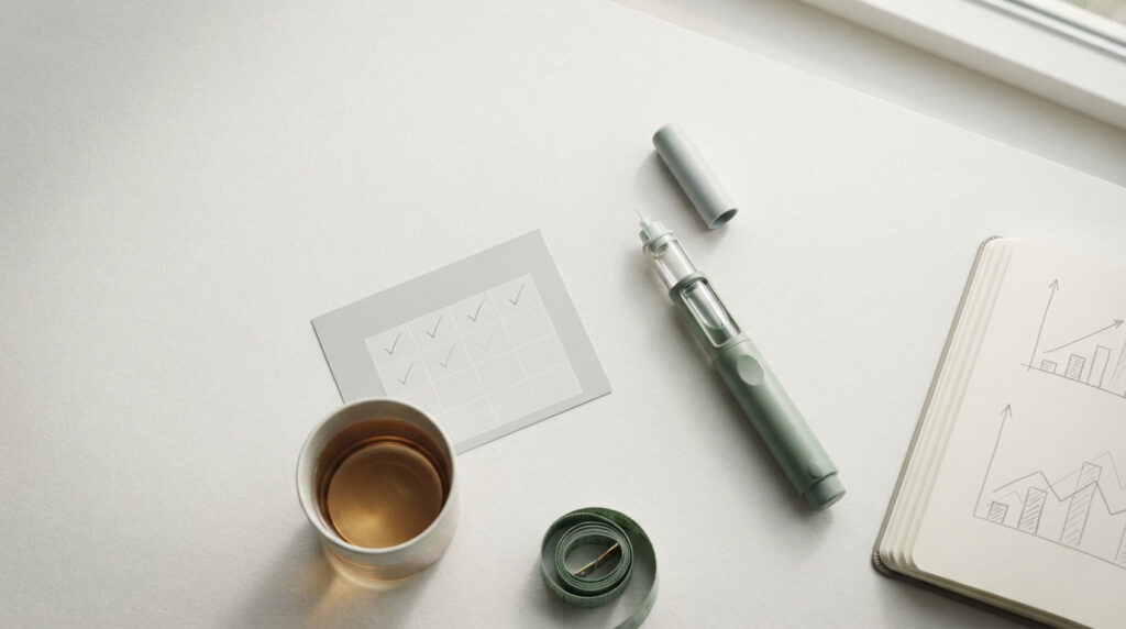 A workspace with a checklist, pen, notebook, and a cup of tea on a light surface.