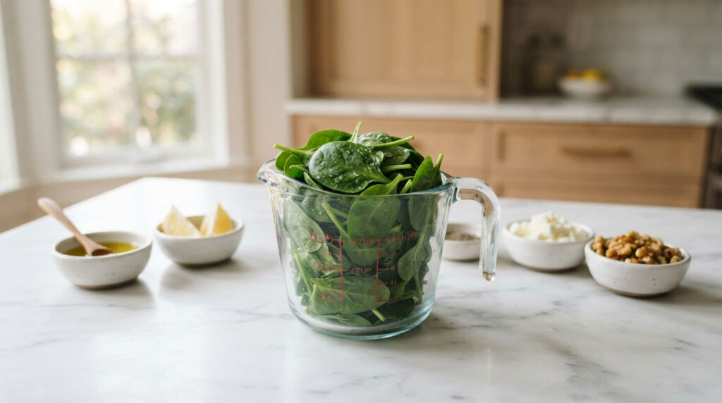 A glass measuring cup filled with fresh spinach sits on a marble countertop with bowls of lemon, cheese, and nuts nearby.