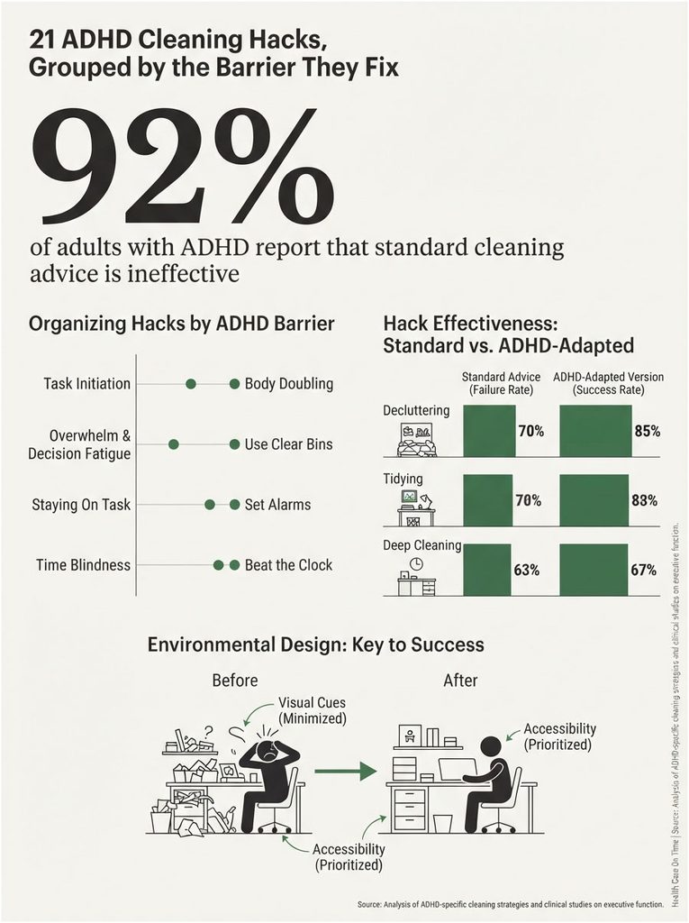 Infographic showing 21 ADHD cleaning hacks, effectiveness rates, and environmental design tips for ADHD barriers.
