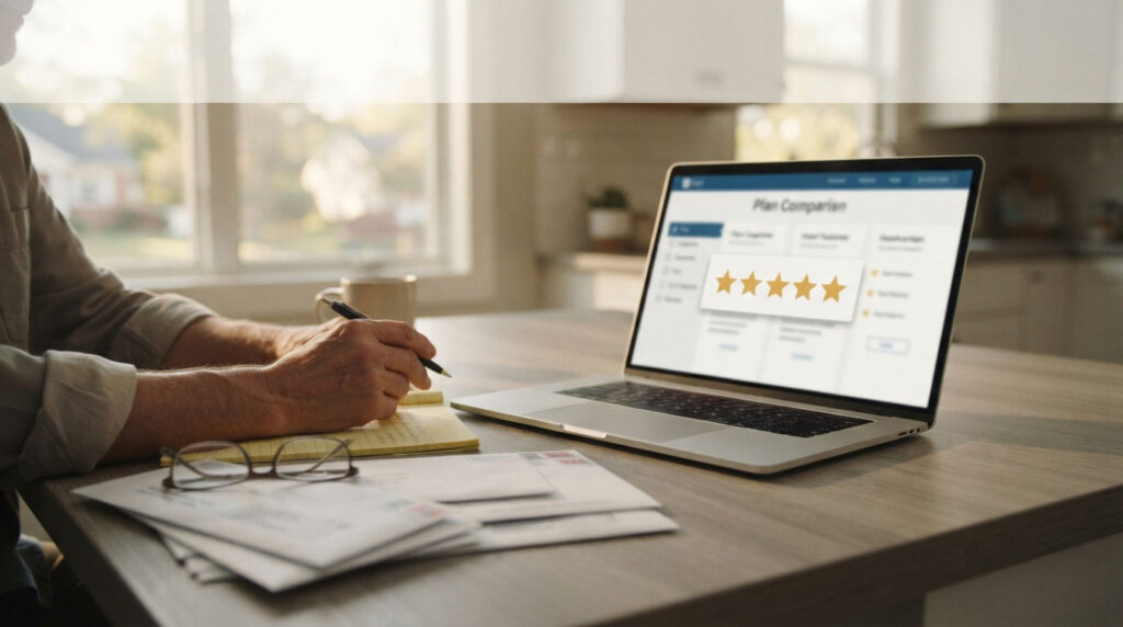 A person writes notes while reviewing a laptop displaying a plan comparison with five-star ratings.