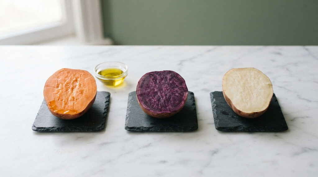 Three halved sweet potatoes on slate coasters with olive oil in a bowl nearby.