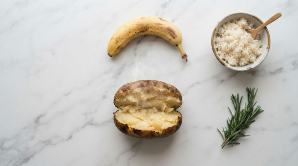 A halved baked potato emits steam, accompanied by a banana, a bowl of rice, and a sprig of rosemary on a marble surface.