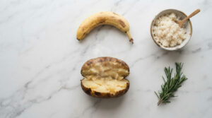 A halved baked potato emits steam, accompanied by a banana, a bowl of rice, and a sprig of rosemary on a marble surface.
