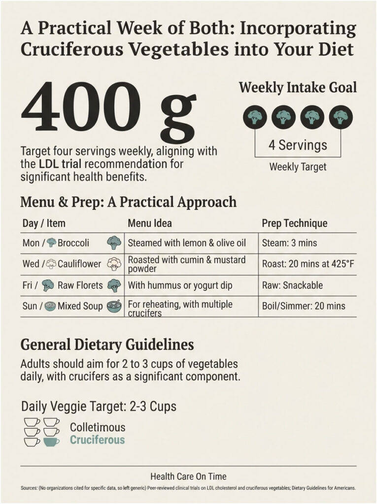 Infographic detailing a weekly plan for incorporating cruciferous vegetables with menu ideas and prep techniques.