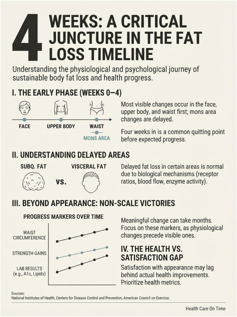 Infographic showing fat loss timeline with charts on body changes, delayed fat areas, and health metrics.