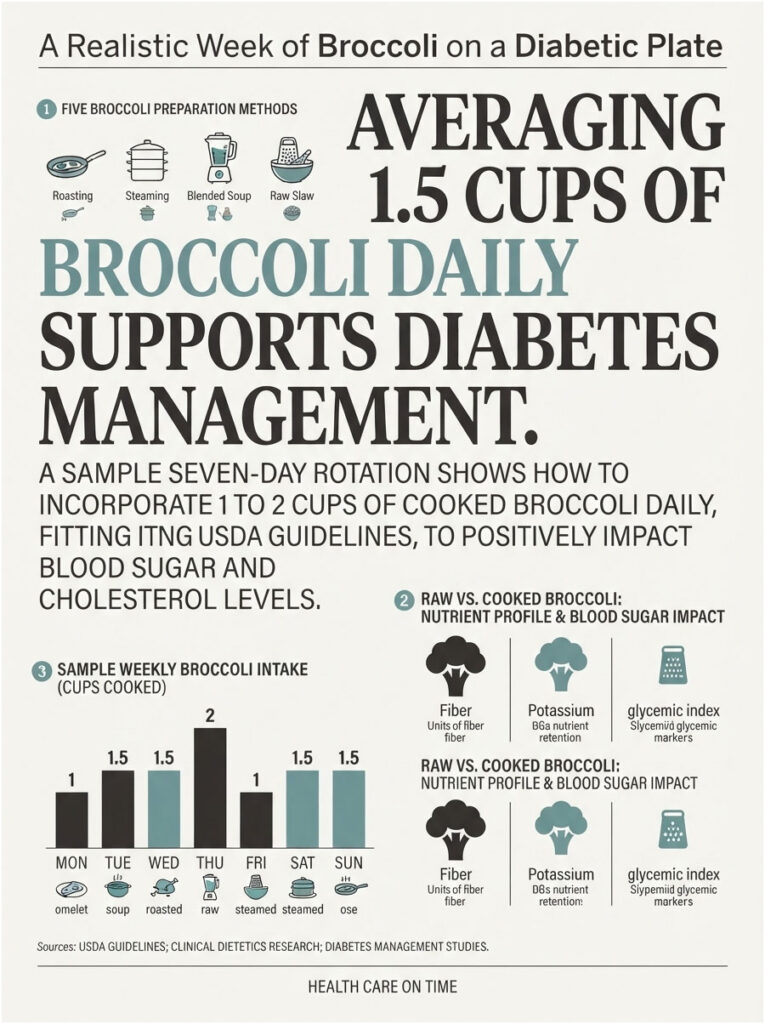 Infographic showing broccoli preparation methods, weekly intake, and nutrient impact on diabetes management.