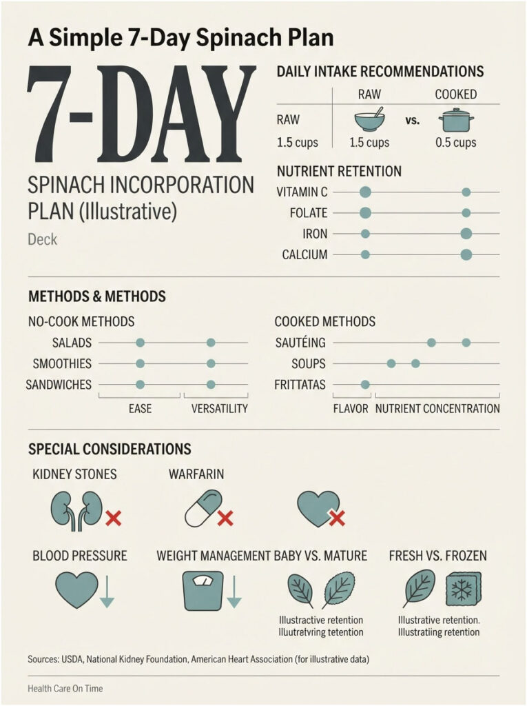 Infographic showing a 7-day spinach incorporation plan with daily intake recommendations and nutrient retention data.