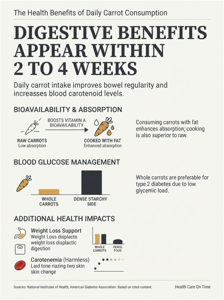Infographic showing health benefits of daily carrot consumption, including absorption, blood glucose management, and health impacts.