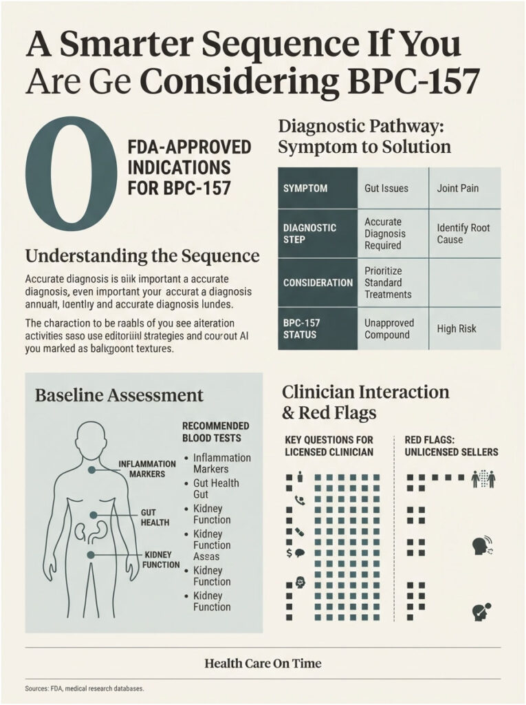 Infographic detailing BPC-157 with diagnostic steps, symptoms, and recommended blood tests for gut health and kidney function.