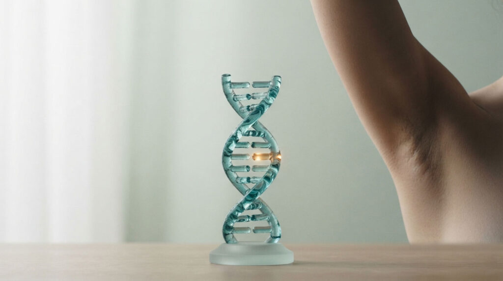 A glass DNA model stands on a table with a person's arm raised in the background, softly lit by natural light.