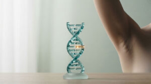 A glass DNA model stands on a table with a person's arm raised in the background, softly lit by natural light.
