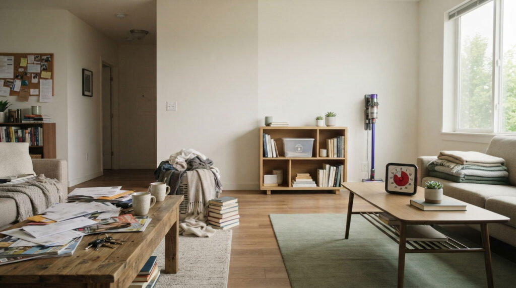 A cozy living room with a wooden coffee table, books, and a couch with blankets.