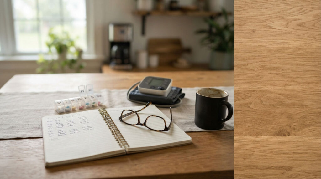 A cozy workspace with a notebook, glasses, coffee mug, and pill organizer on a wooden table.
