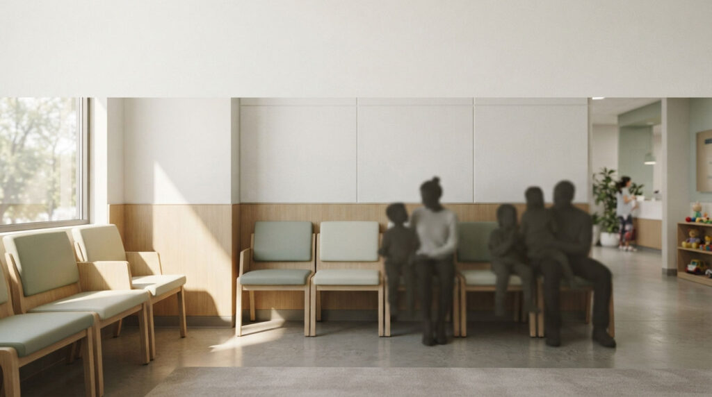 A waiting area with wooden chairs and a family sitting together, softly lit by natural light from a window.