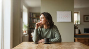 A woman sits at a wooden table, sipping coffee and gazing thoughtfully out a window.