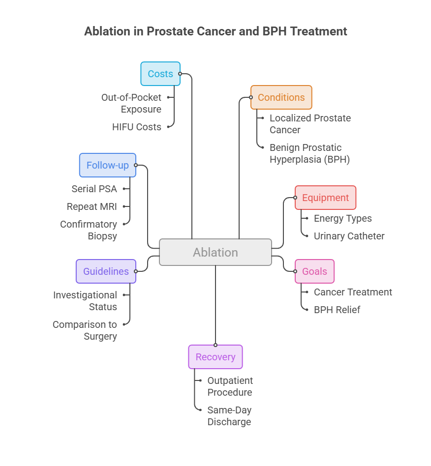 Infographic on ablation for prostate cancer and BPH treatment, detailing costs, conditions, guidelines, and recovery.