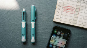 Two teal pens and a smartphone on a slate surface with a calendar showing Wednesday.