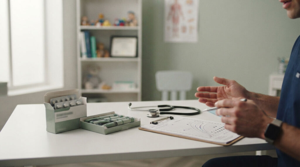 A healthcare professional gestures while discussing a patient chart with medication and a stethoscope on the table.