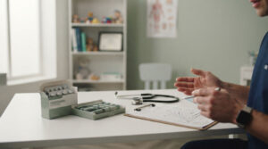 A healthcare professional gestures while discussing a patient chart with medication and a stethoscope on the table.